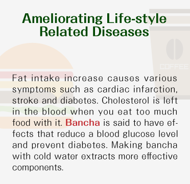 Ameliorating Life-style Related Diseases - Fat intake increase causes various symptoms such as cardiac infarction, stroke and diabetes. Cholesterol is left in the blood when you eat too much food with it. Bancha is said to have effects that reduce a blood glucose level and prevent diabetes. Making bancha with cold water extracts more effective components.